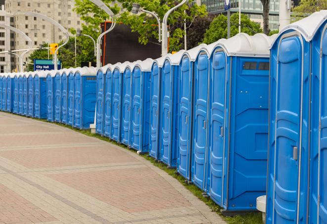 hygienic portable restrooms lined up at a music festival, providing comfort and convenience for attendees in Homer